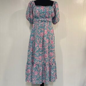 Fate Floral Puff Sleeve Smocked Back Empire Waist Cottagecore Midi Dress Medium